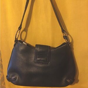 Brighton Blk Pebbled Leather Filigree Accents Saddle Shoulder Satchel HandBag.